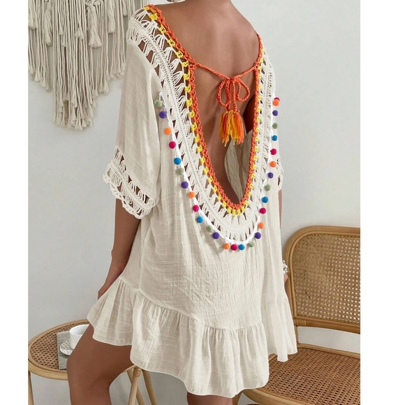 Other - Boho Crochet Semi Sheer Half Sleeve Open Back Beach Coverup
